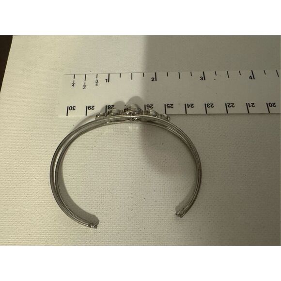 Vintage Y2K Silver Tone White Pearly Rhinestone Wide Statement Bangle Bracelet - Picture 6 of 6